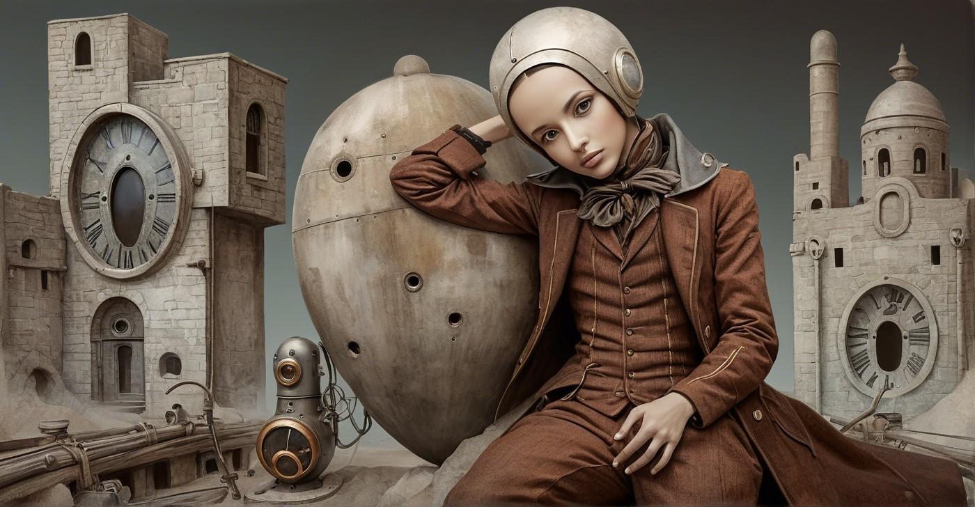 Surreal Steampunk Landscape with Vintage Astronaut Figure