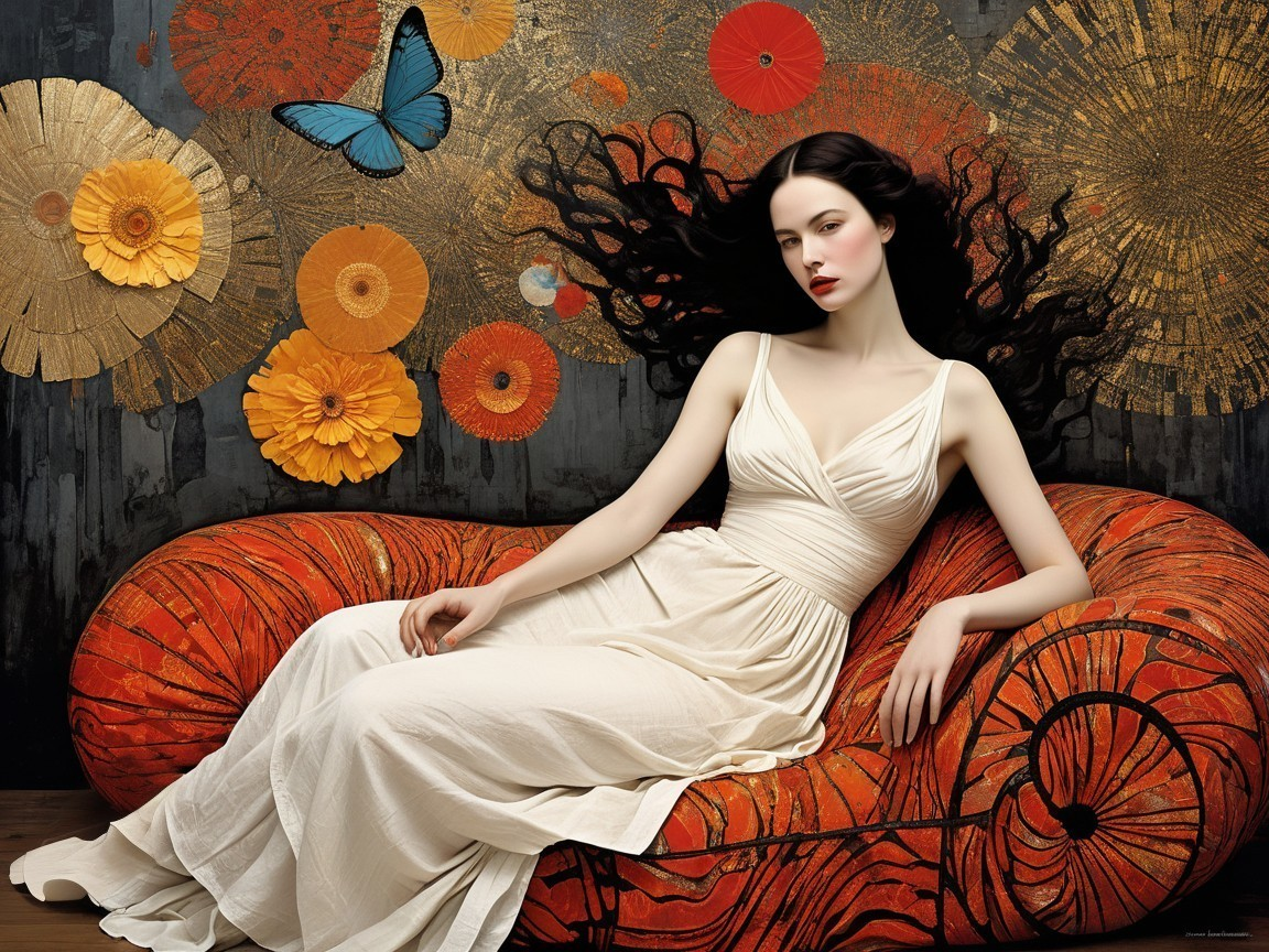 Young Woman in White Gown on Ornate Floral Sofa