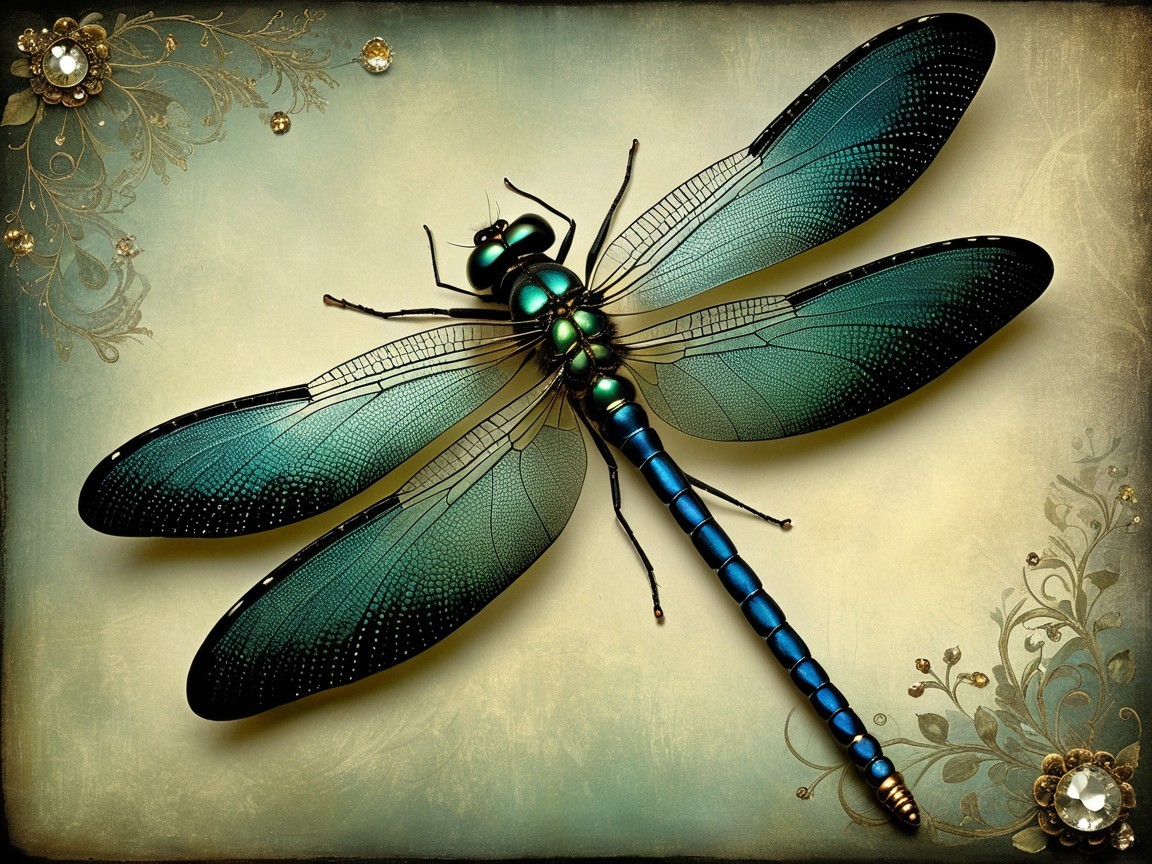 Detailed Dragonfly with Iridescent Wings and Floral Design