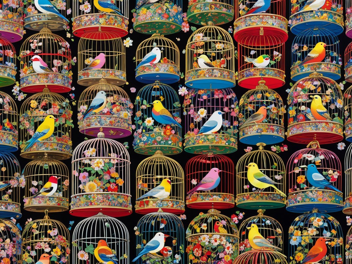 Vibrant Montage of Colorful Birds in Floral Cages