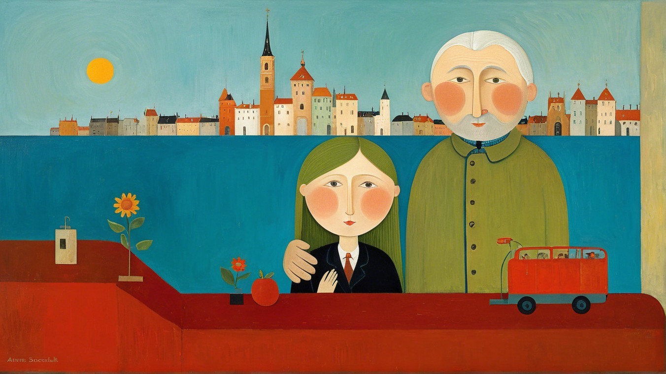 Whimsical Scene of Girl and Elderly Man in Cityscape