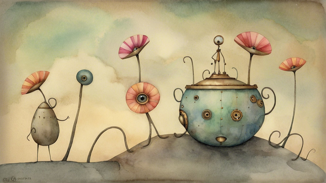 Surreal Landscape with Flower-Like Structures and Robot