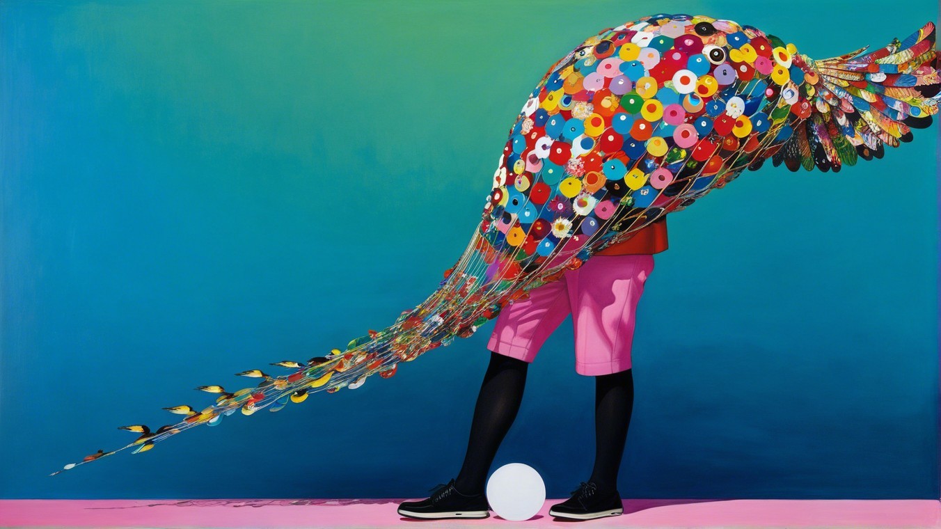 Vibrant Figure with Multicolored Tail on Gradient Background