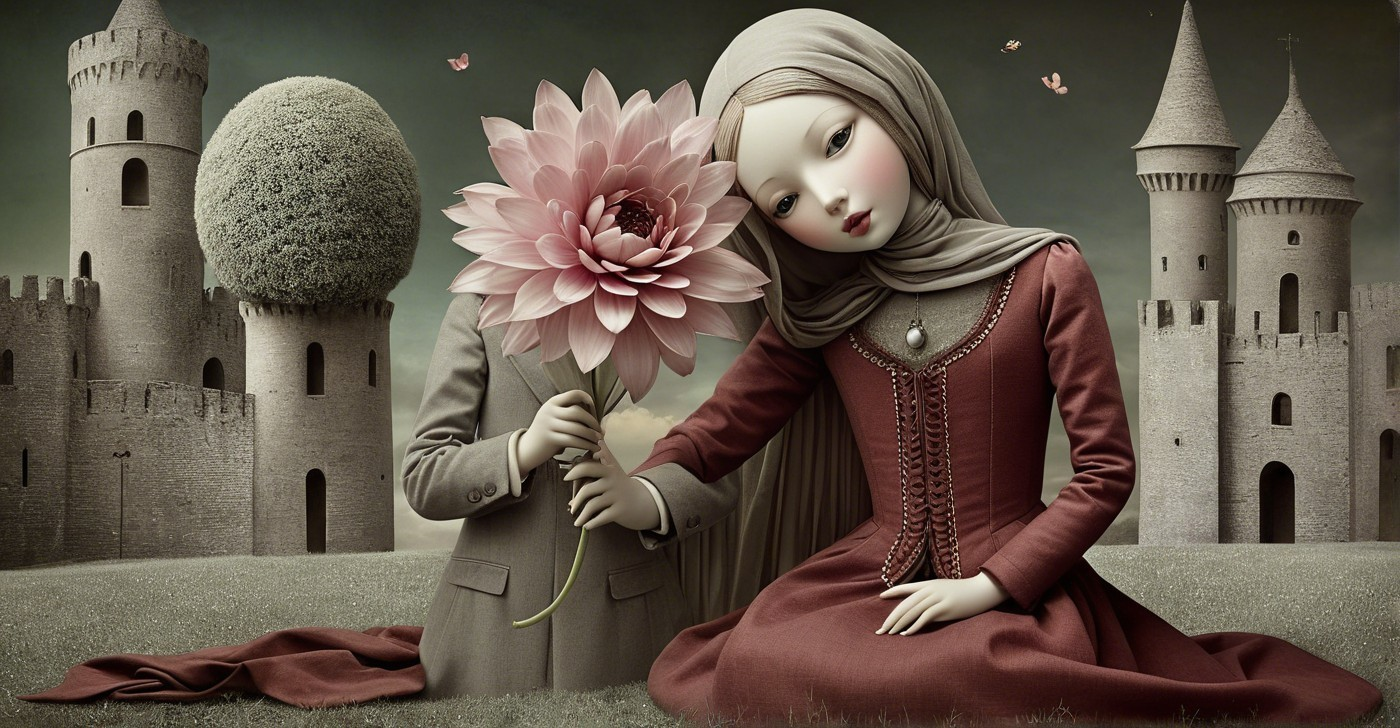 Whimsical Landscape with Girl and Giant Pink Flower