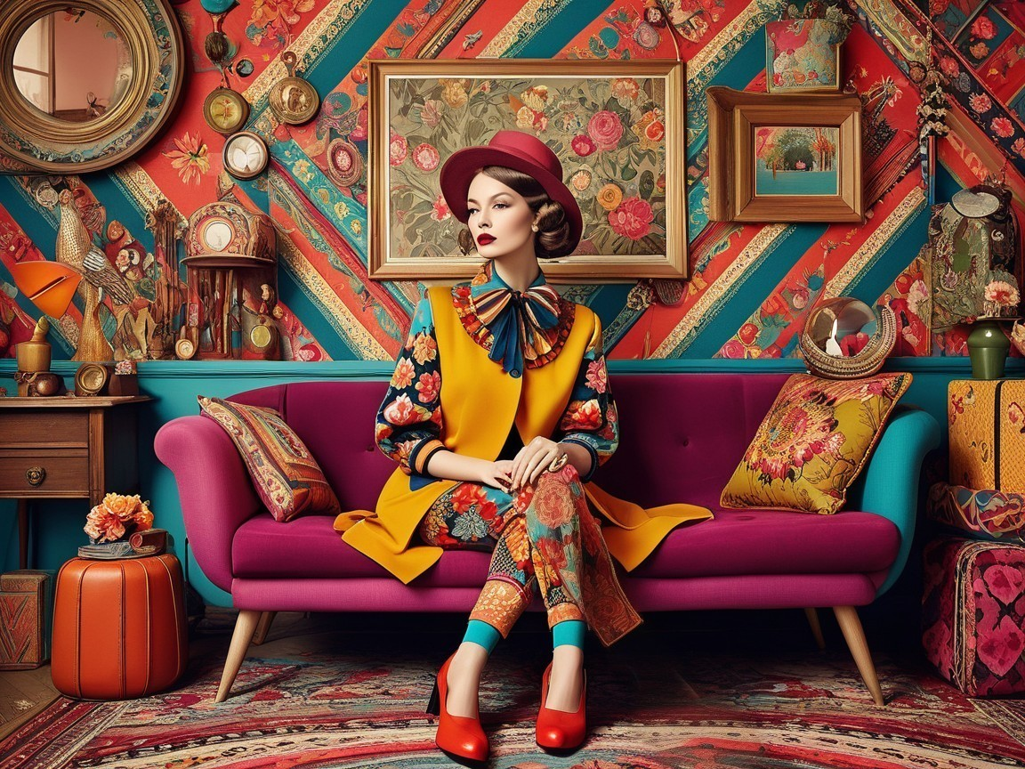 Stylish figure on vibrant purple sofa with eclectic decor
