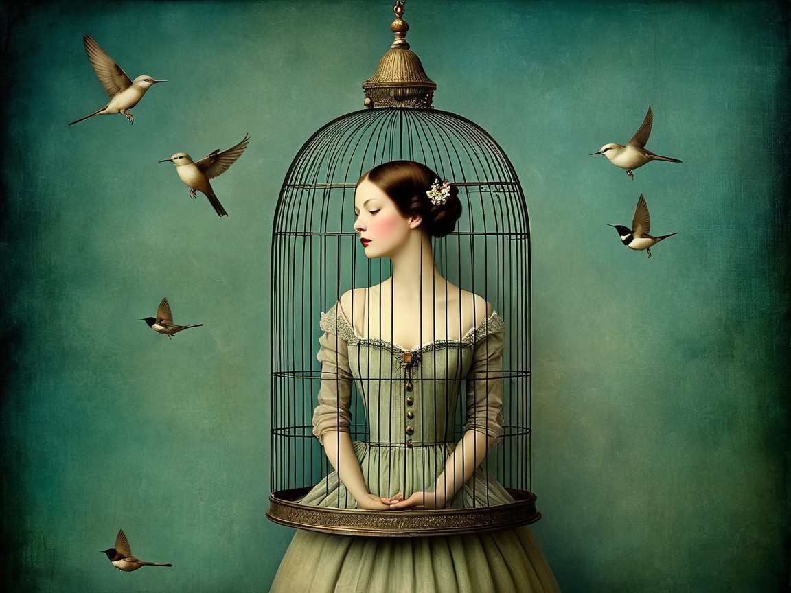 Woman in vintage dress inside ornate birdcage