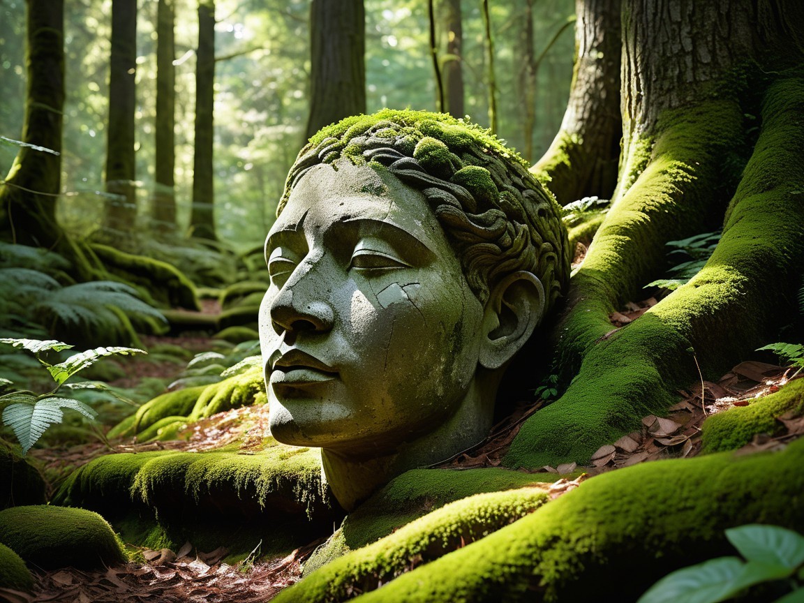 Intricately Carved Stone Head in a Lush Forest