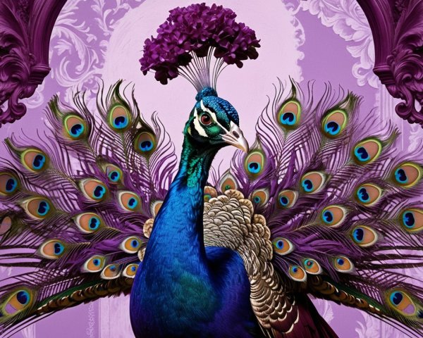 Vibrant Peacock with Colorful Feathers and Floral Crown