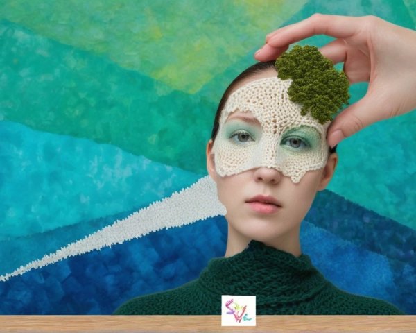 Portrait of a model with a crocheted mask and nature themes