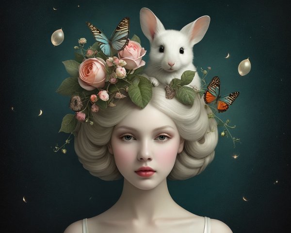 Serene woman with curly hair, flowers, and rabbit