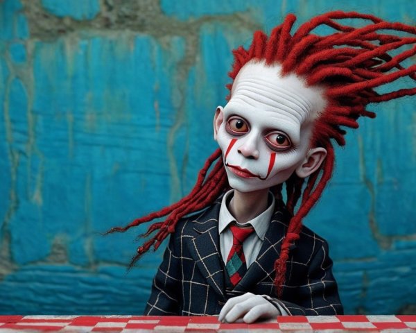 Quirky Doll with Red Hair and Black Suit Against Blue