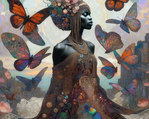 Profile of a graceful figure in a mystical landscape