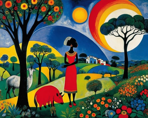 Colorful Landscape with Woman, Animals, and Sunset