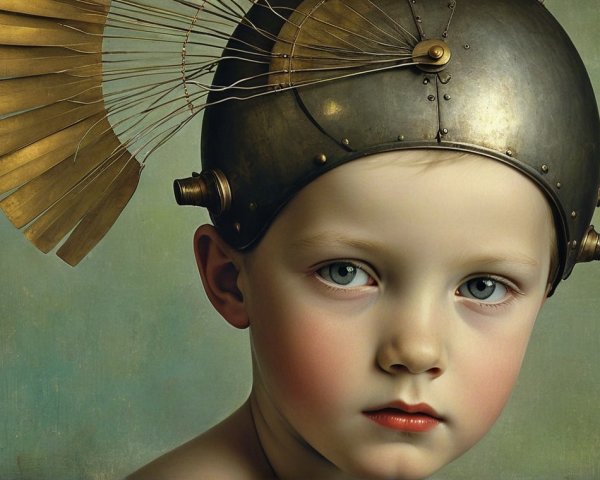 Child in Ancient Warrior Helmet with Pastel Background