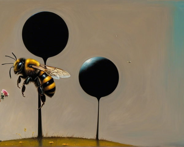 Surreal Painting of Man, Flower, and Oversized Bee