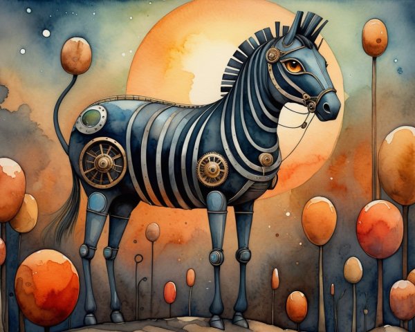Steampunk Zebra Against Orange Sunlit Background