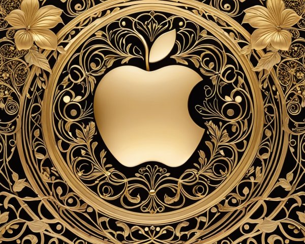 Stylized Golden Apple Logo with Floral Patterns