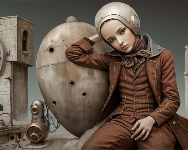 Surreal Steampunk Landscape with Vintage Astronaut Figure