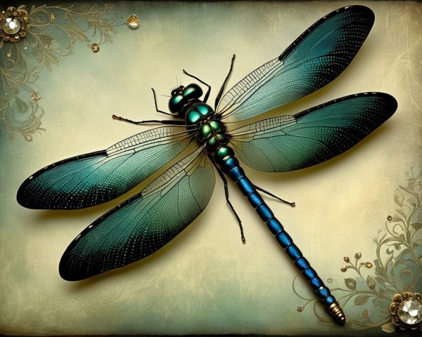 Detailed Dragonfly with Iridescent Wings and Floral Design