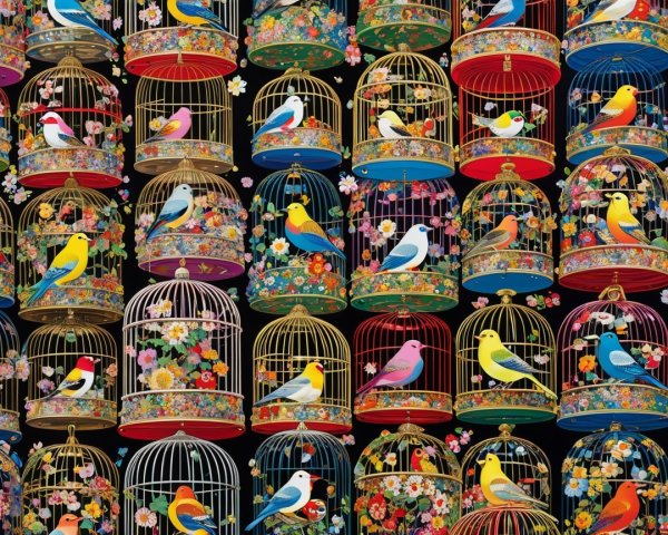 Vibrant Montage of Colorful Birds in Floral Cages