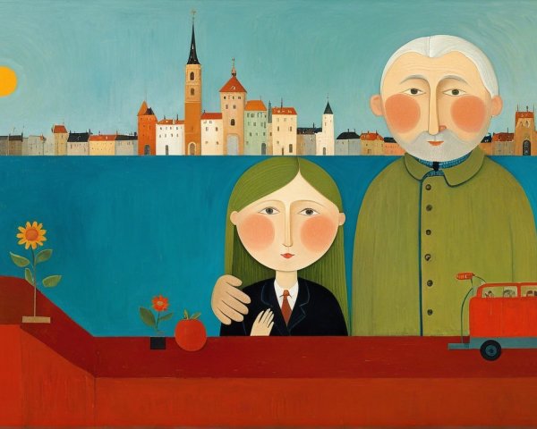 Whimsical Scene of Girl and Elderly Man in Cityscape