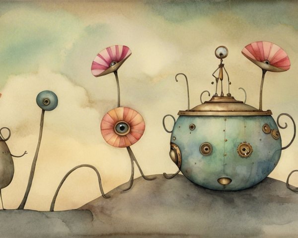 Surreal Landscape with Flower-Like Structures and Robot