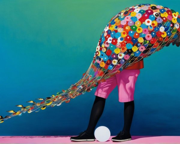 Vibrant Figure with Multicolored Tail on Gradient Background