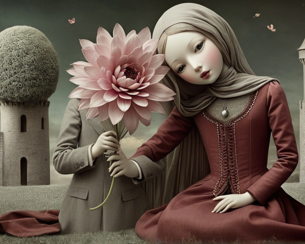Whimsical Landscape with Girl and Giant Pink Flower