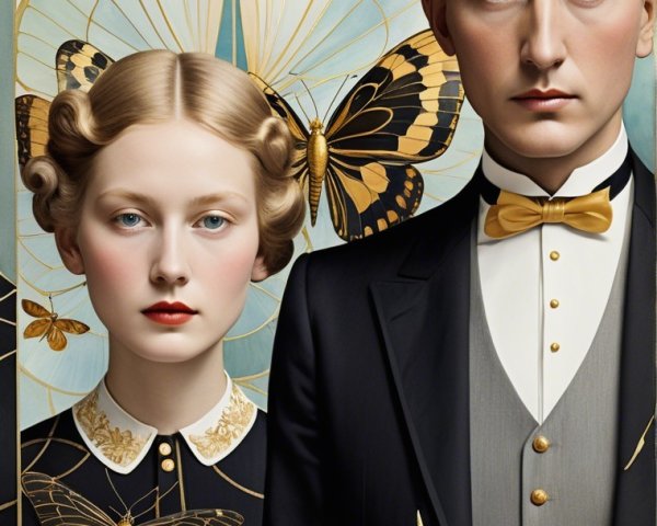 Elegant Portrait of Man and Woman with Floral Backdrop