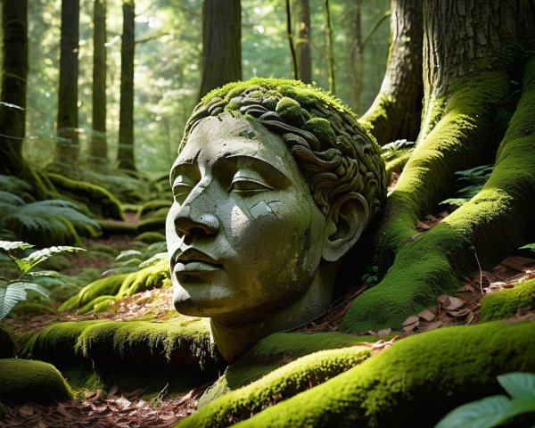 Intricately Carved Stone Head in a Lush Forest