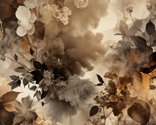 Floral and Cloud Composition in Sepia Tones