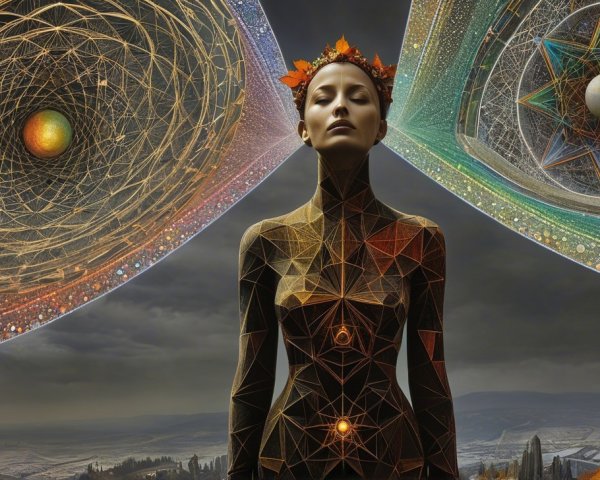 Surreal Female Figure in Cosmic Patterns and Colors