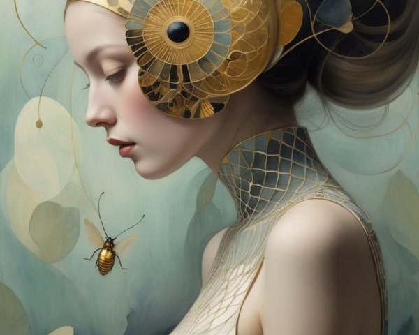 Serene Woman in Profile with Golden Headpiece and Bee
