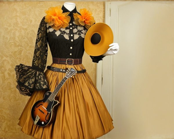 Vintage-Inspired Outfit with Black Lace and Golden Skirt