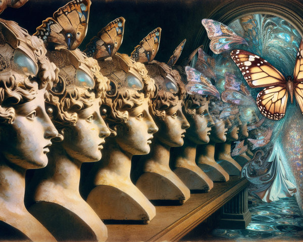 Surreal Corridor with Busts and Butterfly Wings