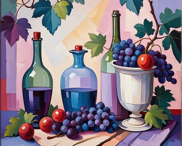 Vibrant Still Life with Glass Bottles and Grapes