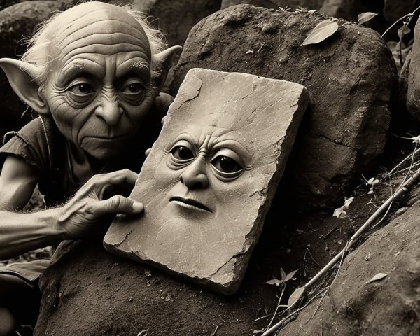 Mystical Figure Examines Carved Stone Tablet in Nature