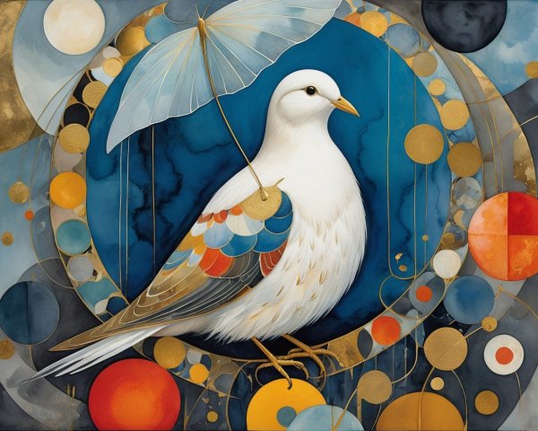 Stylized White Bird Under Umbrella with Vibrant Background