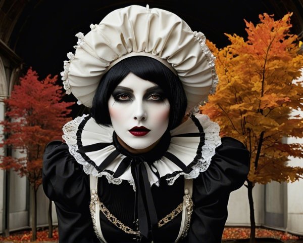 Dramatic Black Attire Against Vibrant Autumn Trees
