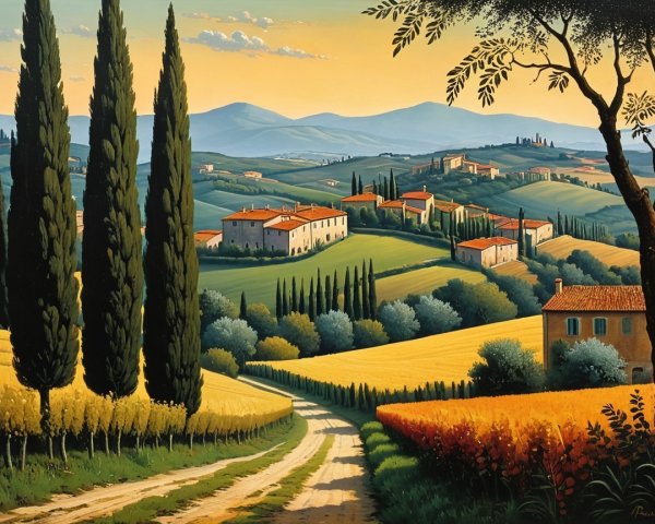 Serene Landscape of Rolling Hills and Villas at Sunset