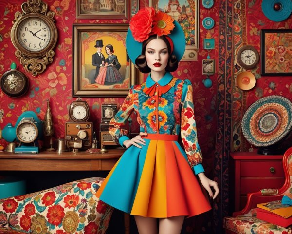 Model in Vintage Room with Floral Decor and Accessories