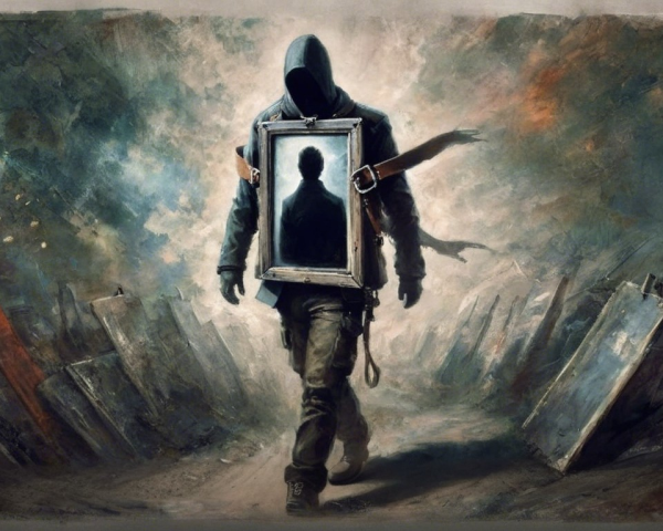 Hooded Figure in Desolate Landscape with Mirror