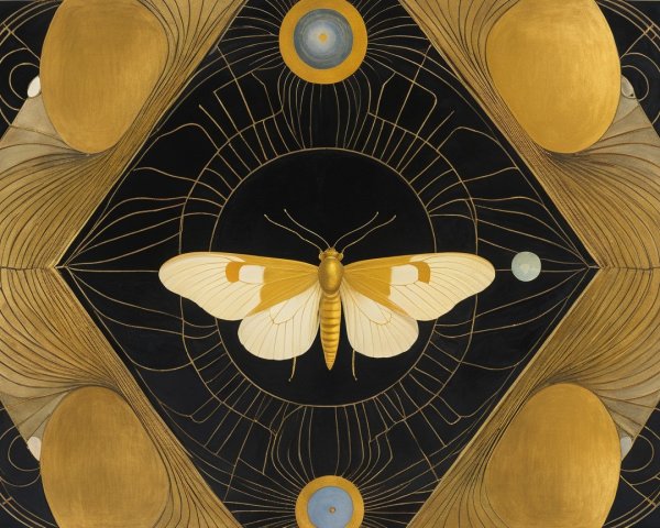 Large pale yellow moth with gold patterns on black