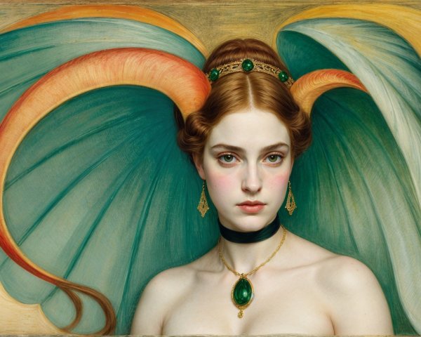 Woman with Green-Tinted Wings and Elegant Jewelry