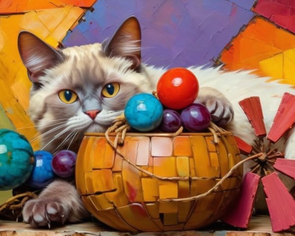 Fluffy Cat with Blue Eyes Next to Colorful Stones