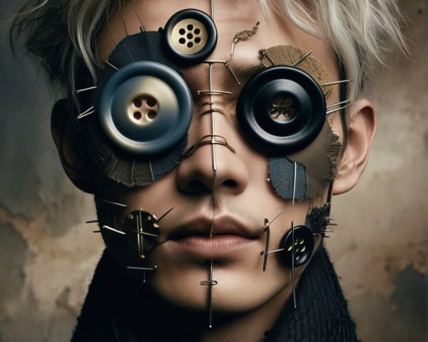 Surreal Portrait with Buttons and Safety Pins