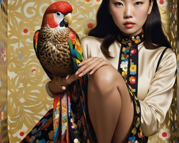 Young woman in floral dress with colorful parrot
