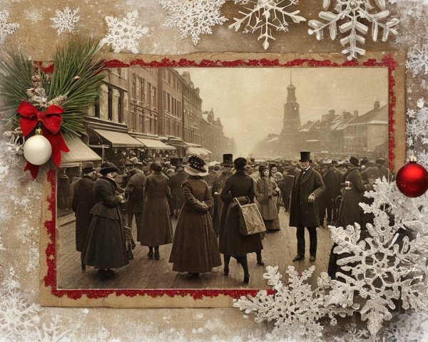 Vintage Sepia Christmas Card with Street Scene and Snowflakes