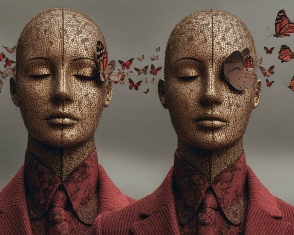 Stylized Mannequin Heads in Red Suits with Butterflies