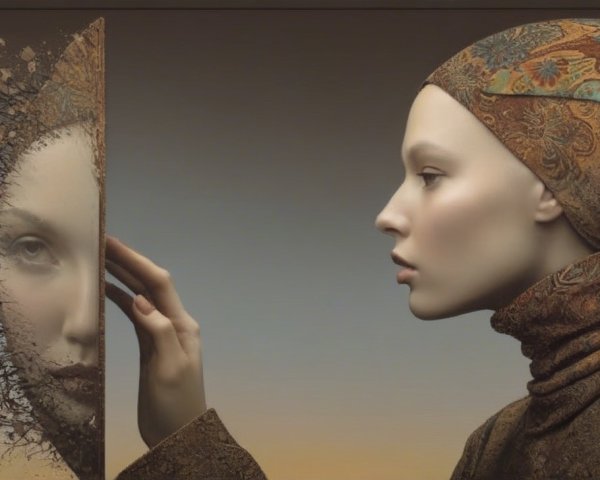 Woman in Headscarf Reflects in Fragmented Mirror